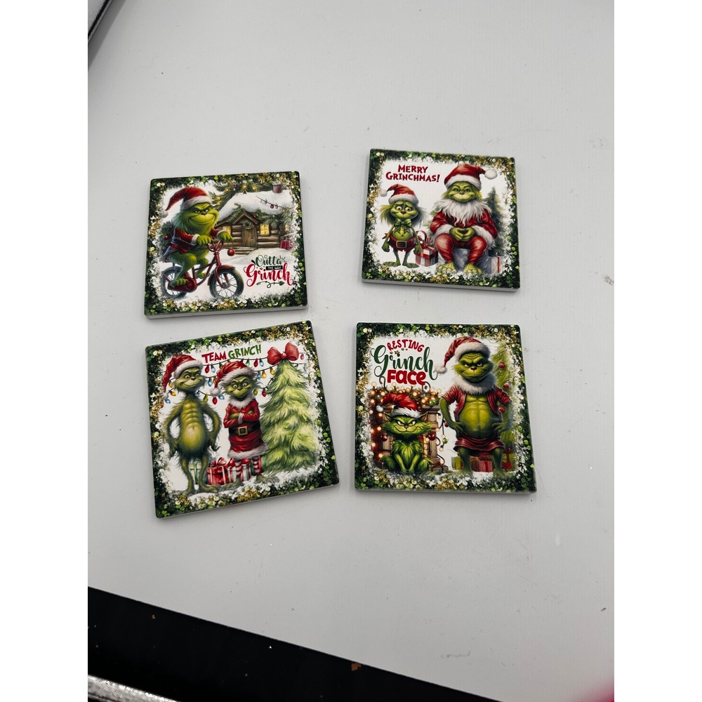 Grinch Christmas Ceramic Coaster Set of 4 Resting Grinch Face Holiday Decor 4x4